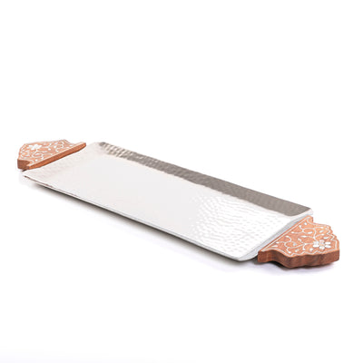 صينية معدنية بمقبض خشبي - صغير