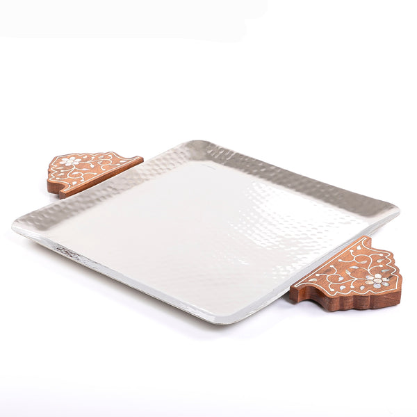 Square Aluminum Tray with Wooden Handle - Silver