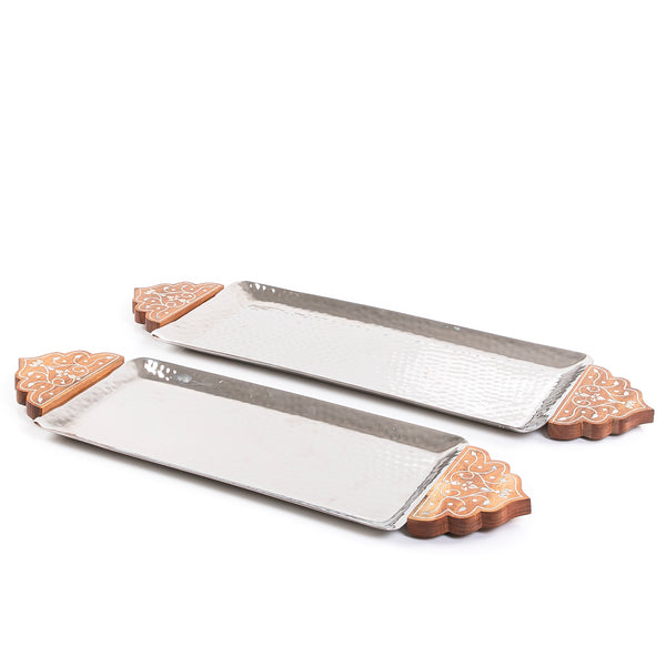 Set of 2 metal tray with wooden handle