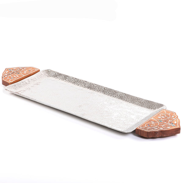 Rectangular Aluminum Tray with Wooden Handle - Silver