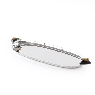 صينية تقديم معدنية بيضاوية صغيرة باللون الذهبي والأسود - صغير