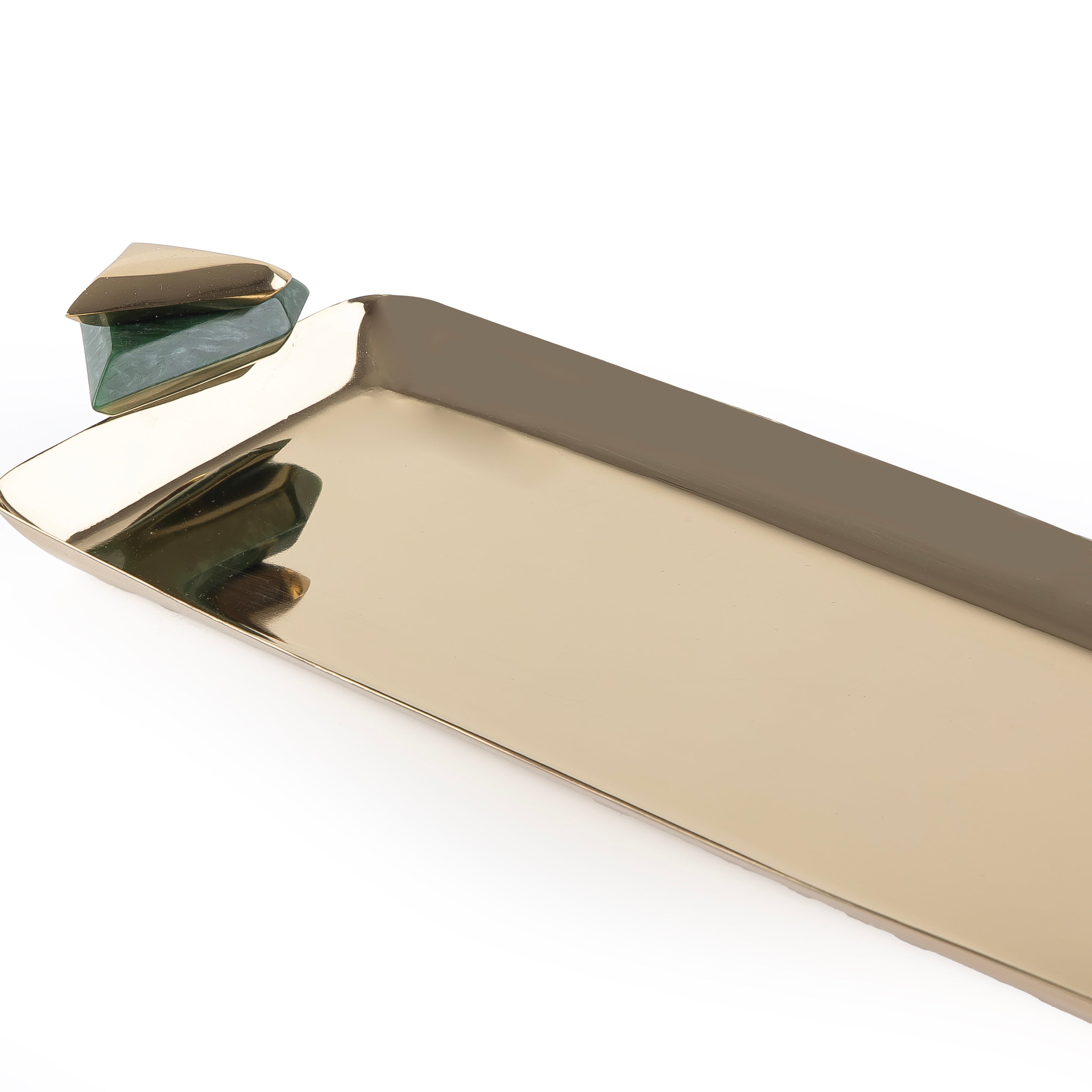 صينية تقديم معدنية مستطيلة باللون الذهبي والأخضر - صغير