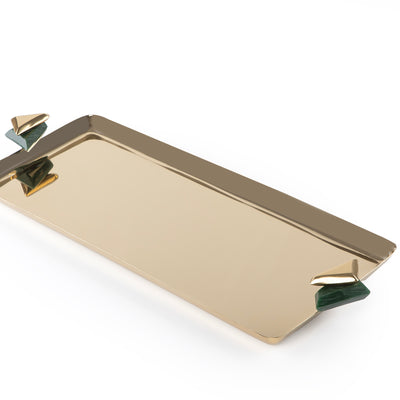 صينية تقديم معدنية مستطيلة باللون الذهبي والأخضر - كبير