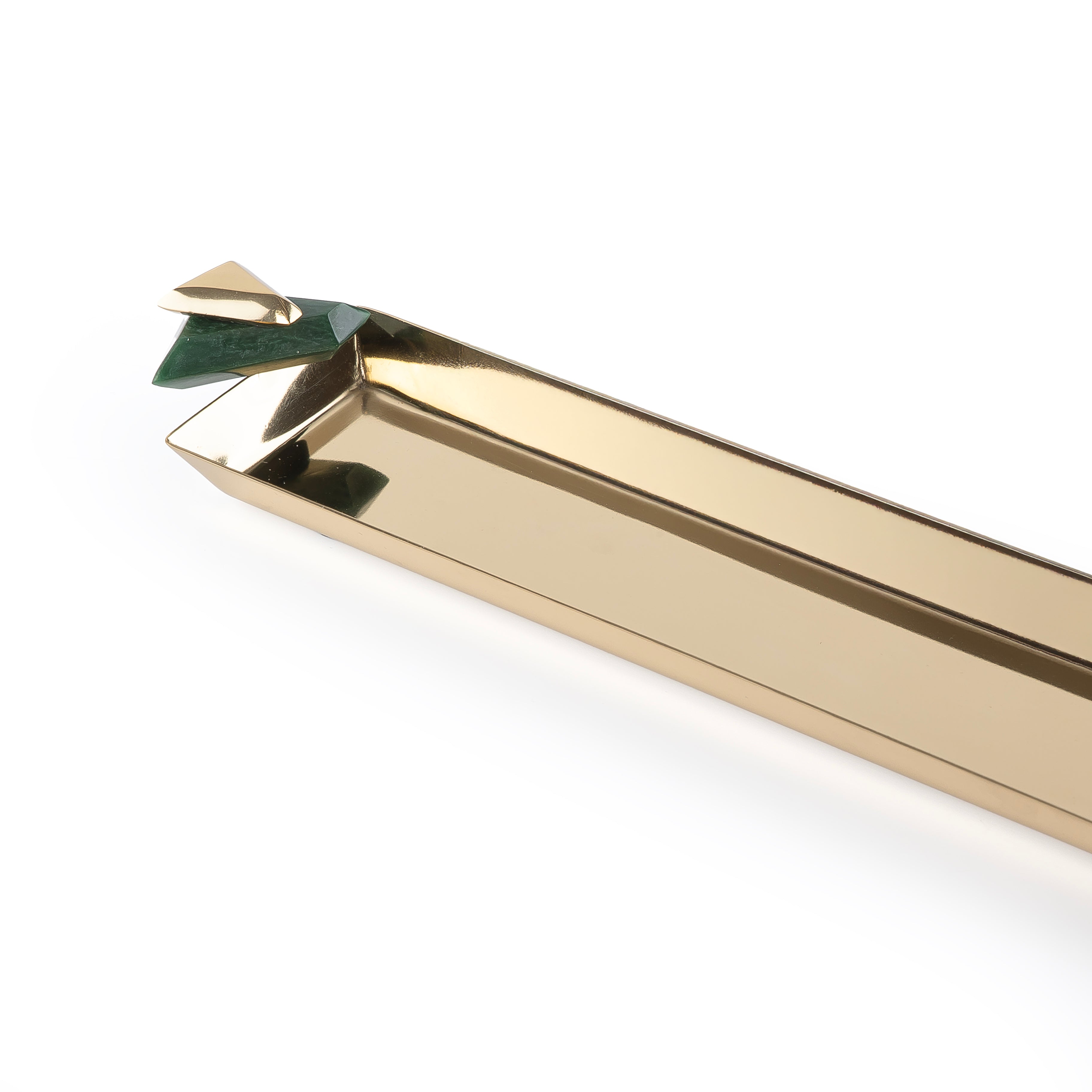 صينية تقديم معدنية طولية باللون الذهبي والأخضر - وسط