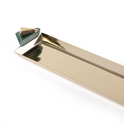 صينية تقديم معدنية طولية باللون الذهبي والأخضر - كبير