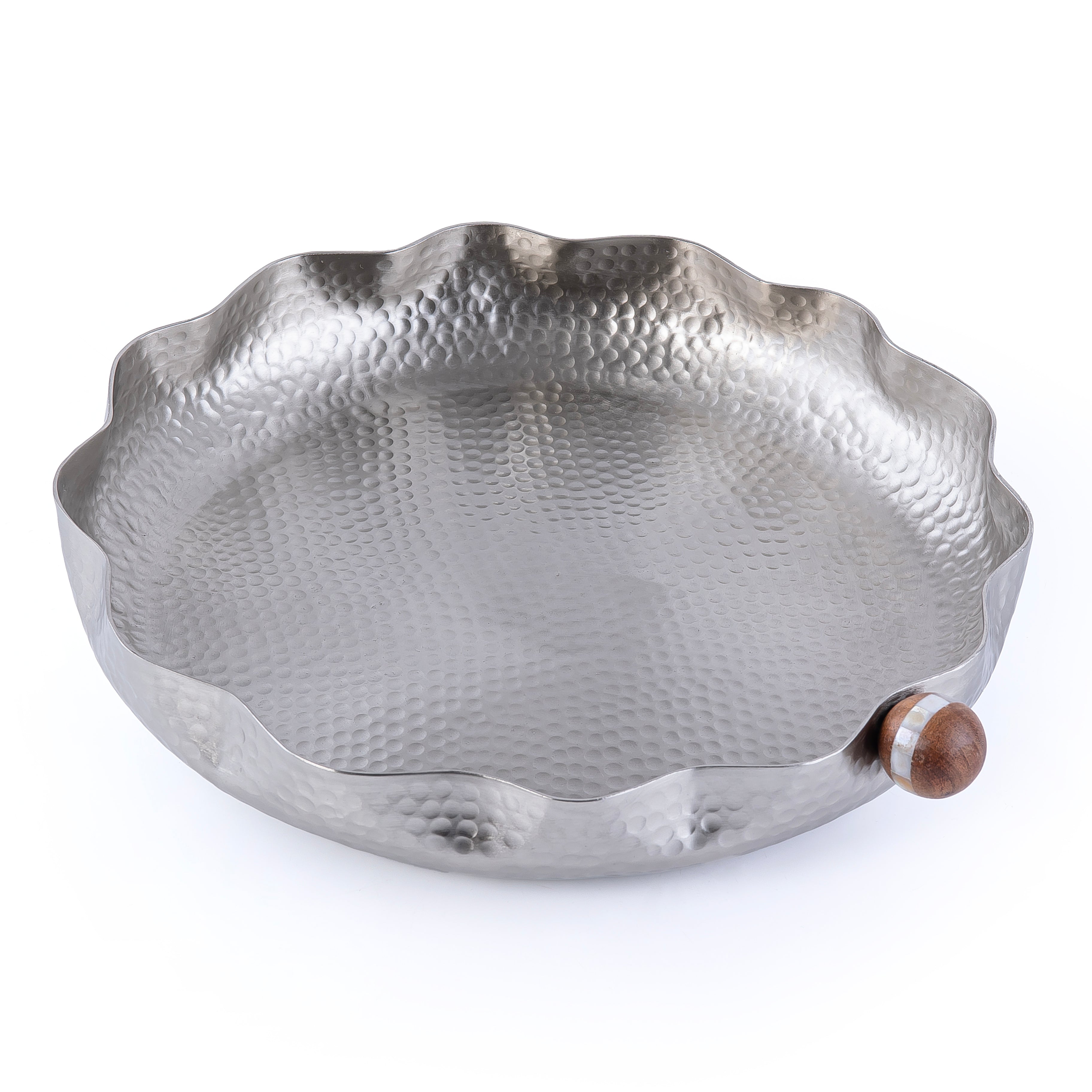 طبق تقديم دائري معدن بمقابض خشبية - صغير