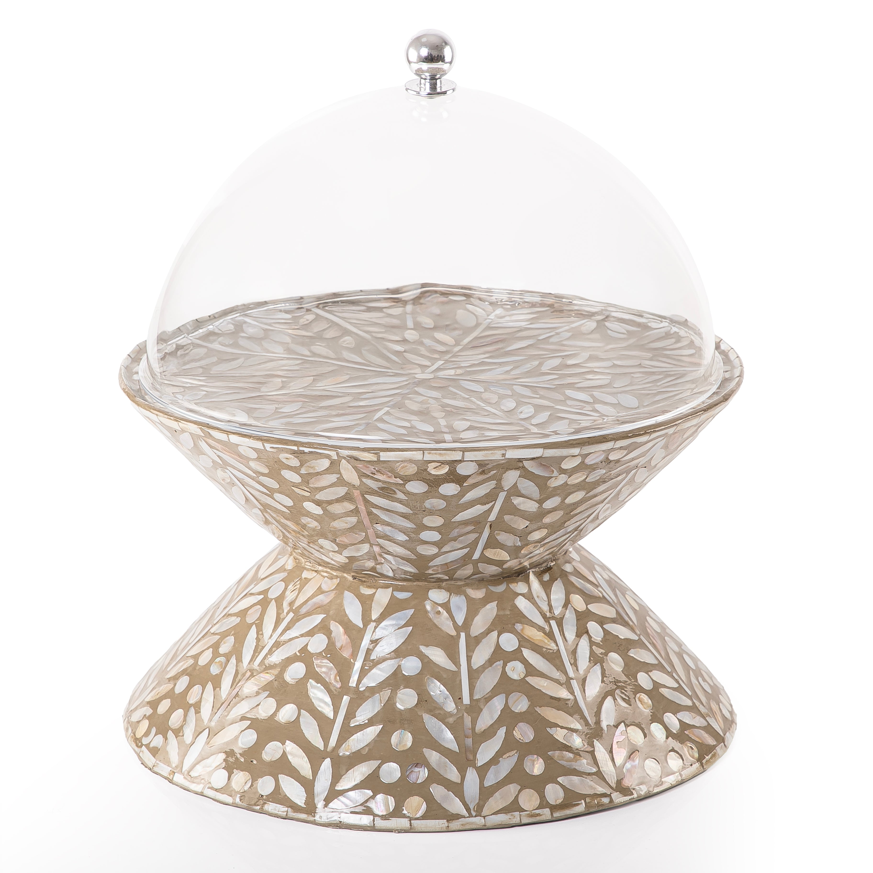 Large mother of pearl serving stand with acrylic lid - brown