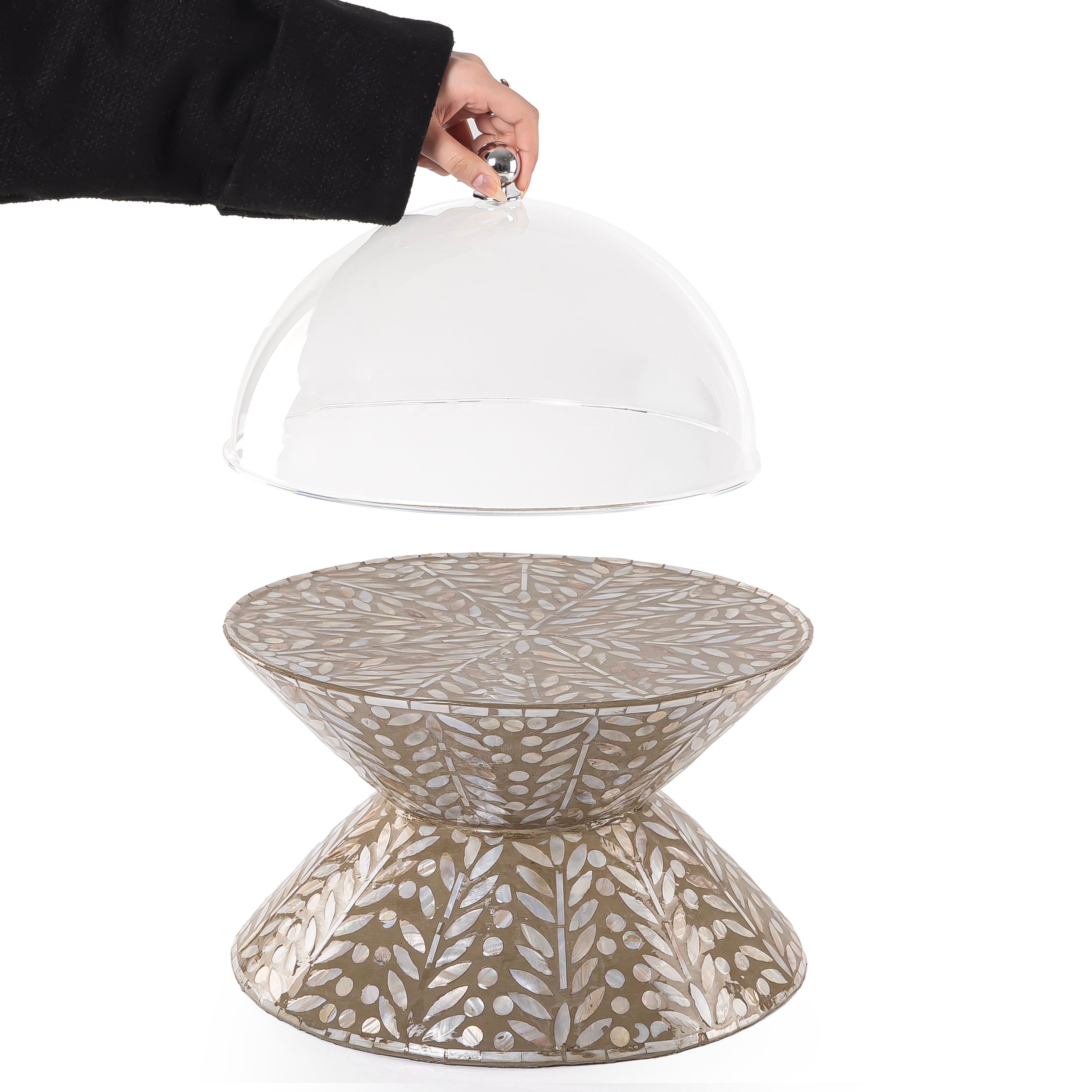 Large mother of pearl serving stand with acrylic lid - brown