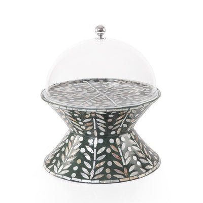 Small mother of pearl serving stand with acrylic lid - green