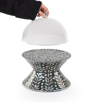 Small mother of pearl serving stand with acrylic lid - green