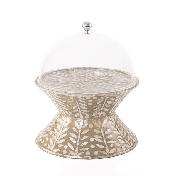 Double face mother of pearl round cake stand with lid - beige M