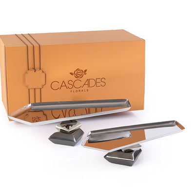 طقم من 2 ستاند معدن للتقديم مع علبة هدايا - فضي وأسود