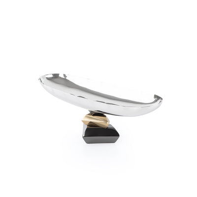 صينية تقديم معدنية بيضاوية أنيقة باللون الفضي مع لمسات ذهبية – حجم وسط