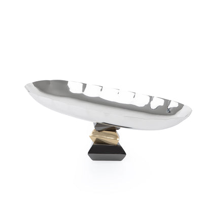 صينية تقديم معدنية بيضاوية أنيقة باللون الفضي مع لمسات ذهبية – حجم كبير