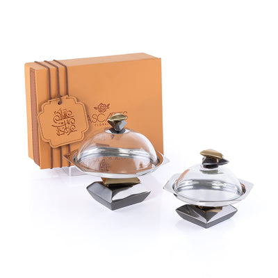 Set of 2 Metal cake stand with glass cover with gift box - black & gold