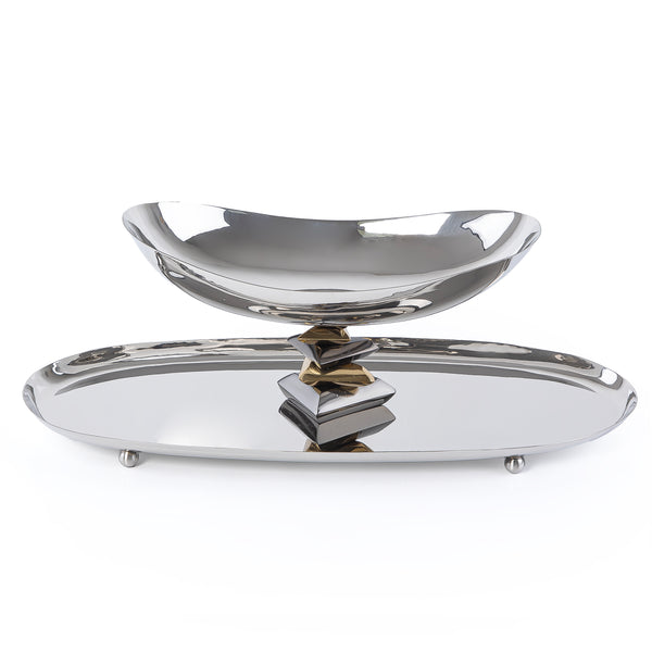 طبق تقديم معدني بيضاوي مع وعاء – فضي