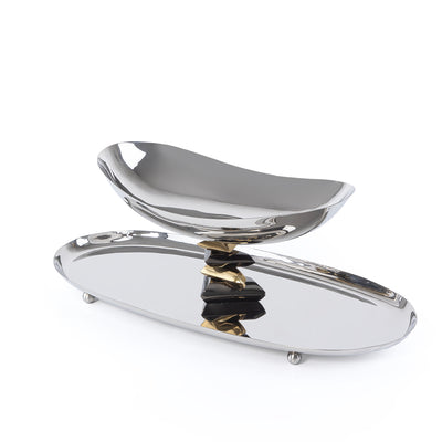 طبق تقديم معدني بيضاوي مع وعاء – فضي