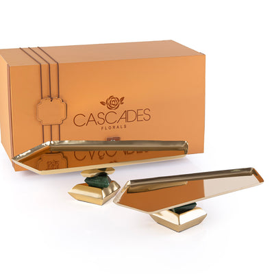 طقم 2 ستاند تقديم معدني مع علبة هدايا - ذهبي و أخضر