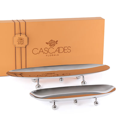 طقم مكون من 2 ستاند تقديم بيضاوي معدن مع بوكس هدايا - فضي