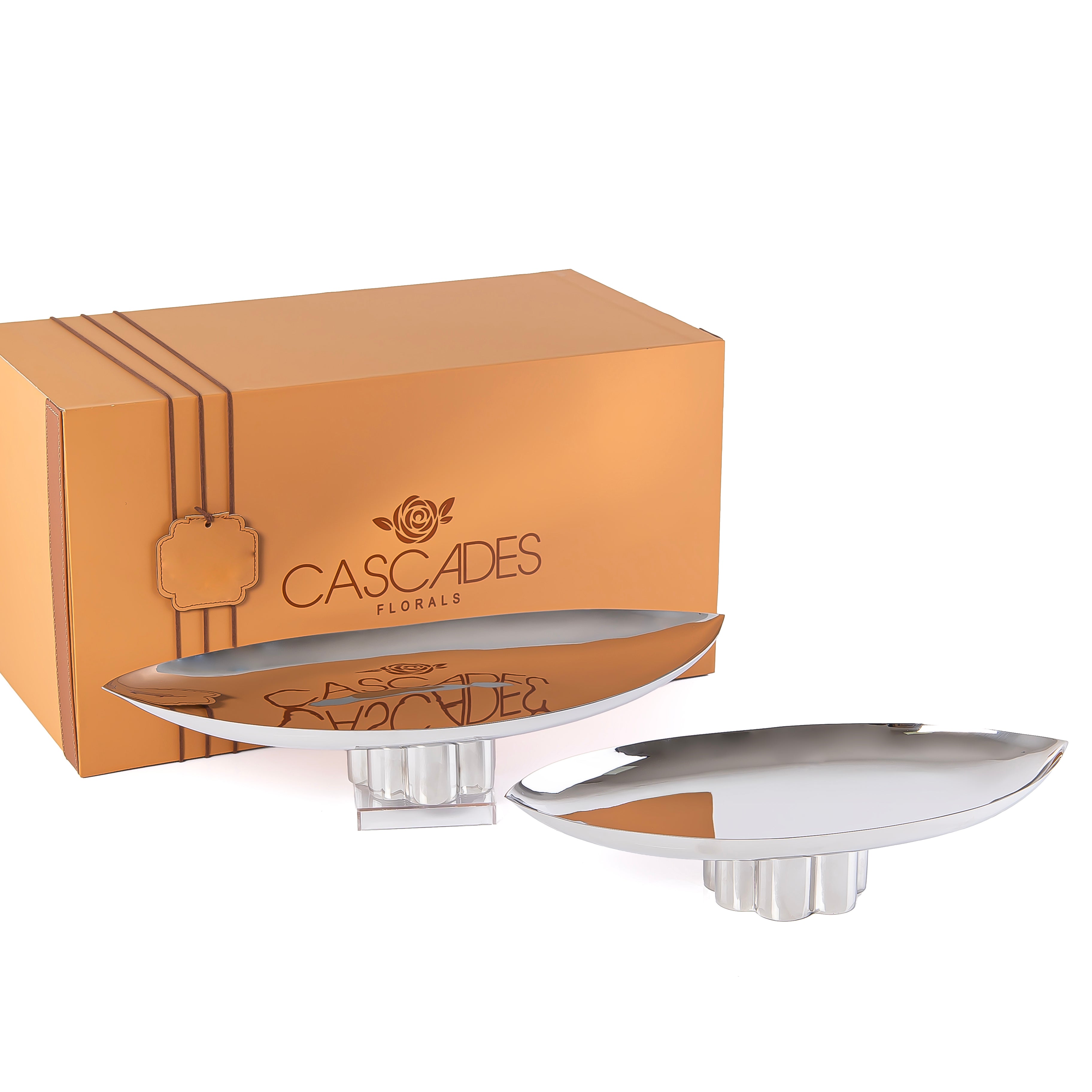 طقم مكون من 2 ستاند تقديم بيضاوي معدن مع بوكس هدايا - فضي