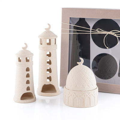 طقم ديكور خزفي (3 قطع) بأشكال دائرية ومآذن داخل بوكس هدايا مخملية وردية