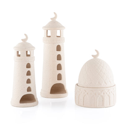 طقم ديكور خزفي (3 قطع) بأشكال دائرية ومآذن داخل بوكس هدايا مخملية وردية