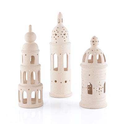 طقم ديكور خزفي (3 قطع) بأشكال مآذن داخل بوكس هدايا مخملية وردية