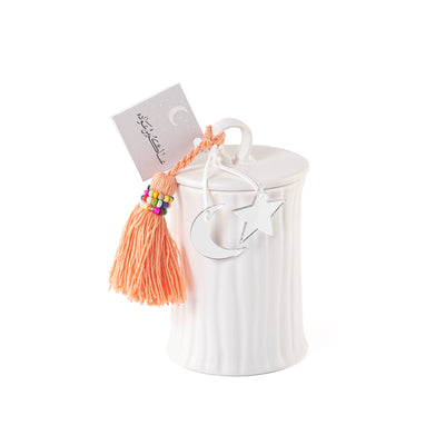 علبة قرقيعان دائرية من الخزف مع غطاء - أبيض