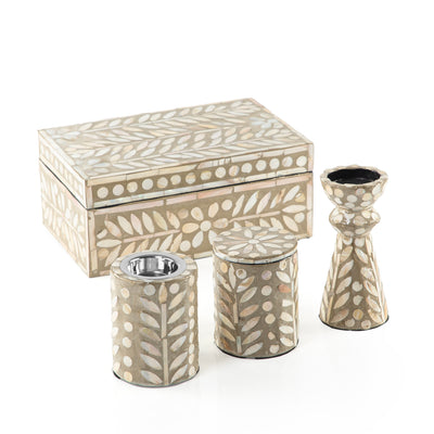 طقم صدف (مبخر + علبة بخور + حامل شموع ) في بوكس - بيج