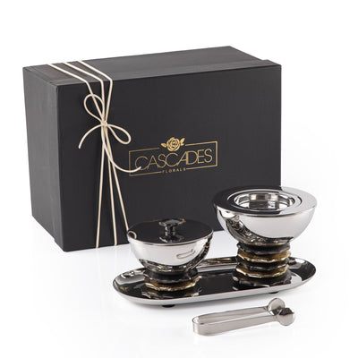 Metal set of 4 mabkhar with tray, bokhor box & tong with gift set