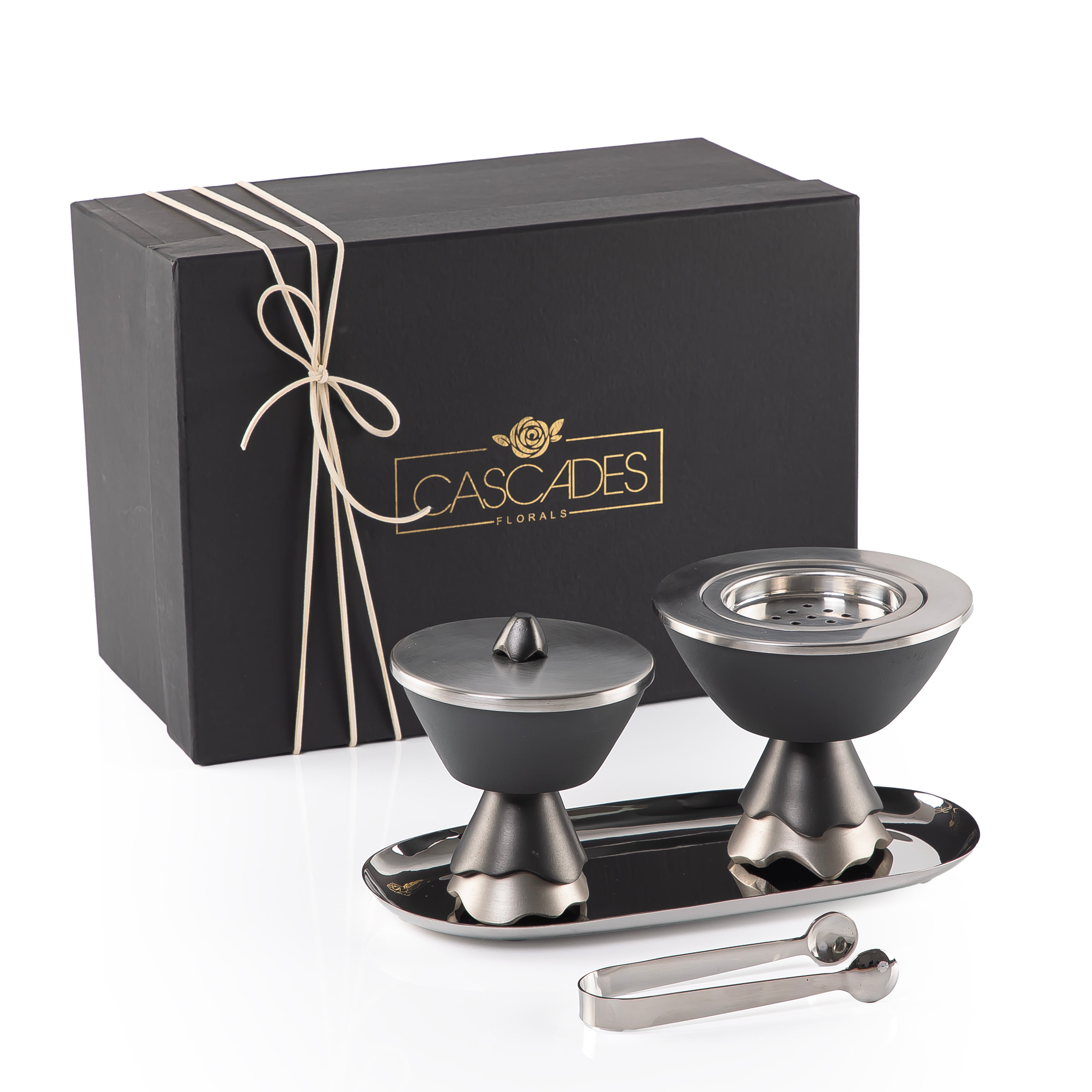 Metal set of 4 mabkhar with tray, bokhor box & tong with gift set