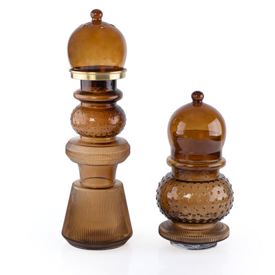 2 Pcs Large Mabkhar Set Glass Holder with Metal Burner & Dome – Brown