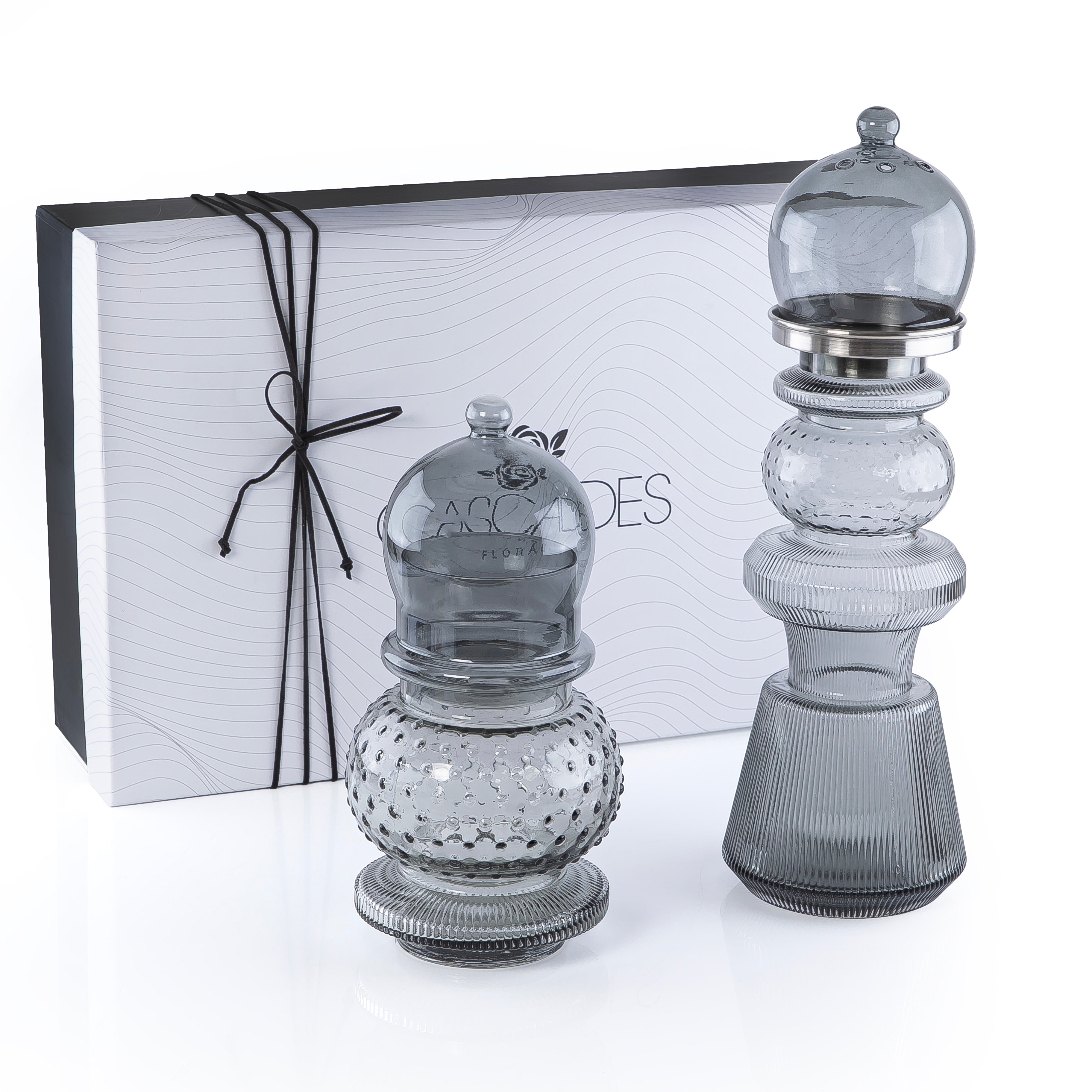 2 Pcs Large Mabkhar Set Glass Holder with Metal Burner & Dome – Grey