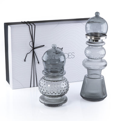 2 Pcs Large Mabkhar Set Glass Holder with Metal Burner & Dome – Grey