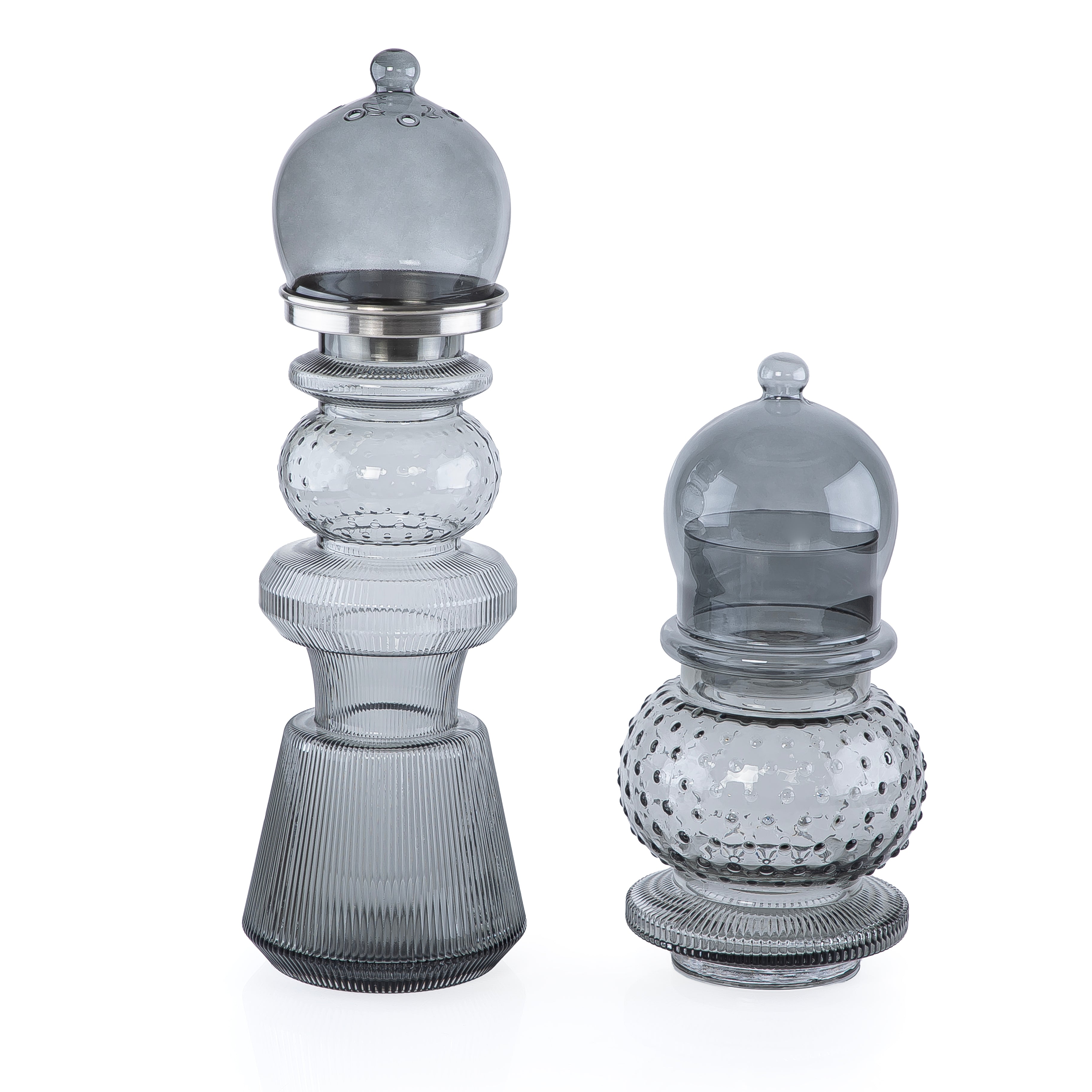 2 Pcs Large Mabkhar Set Glass Holder with Metal Burner & Dome – Grey