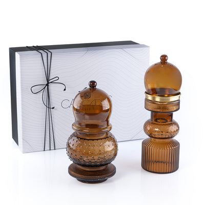 2 Pcs Small Mabkhar Set Glass Holder with Metal Burner & Dome – Brown