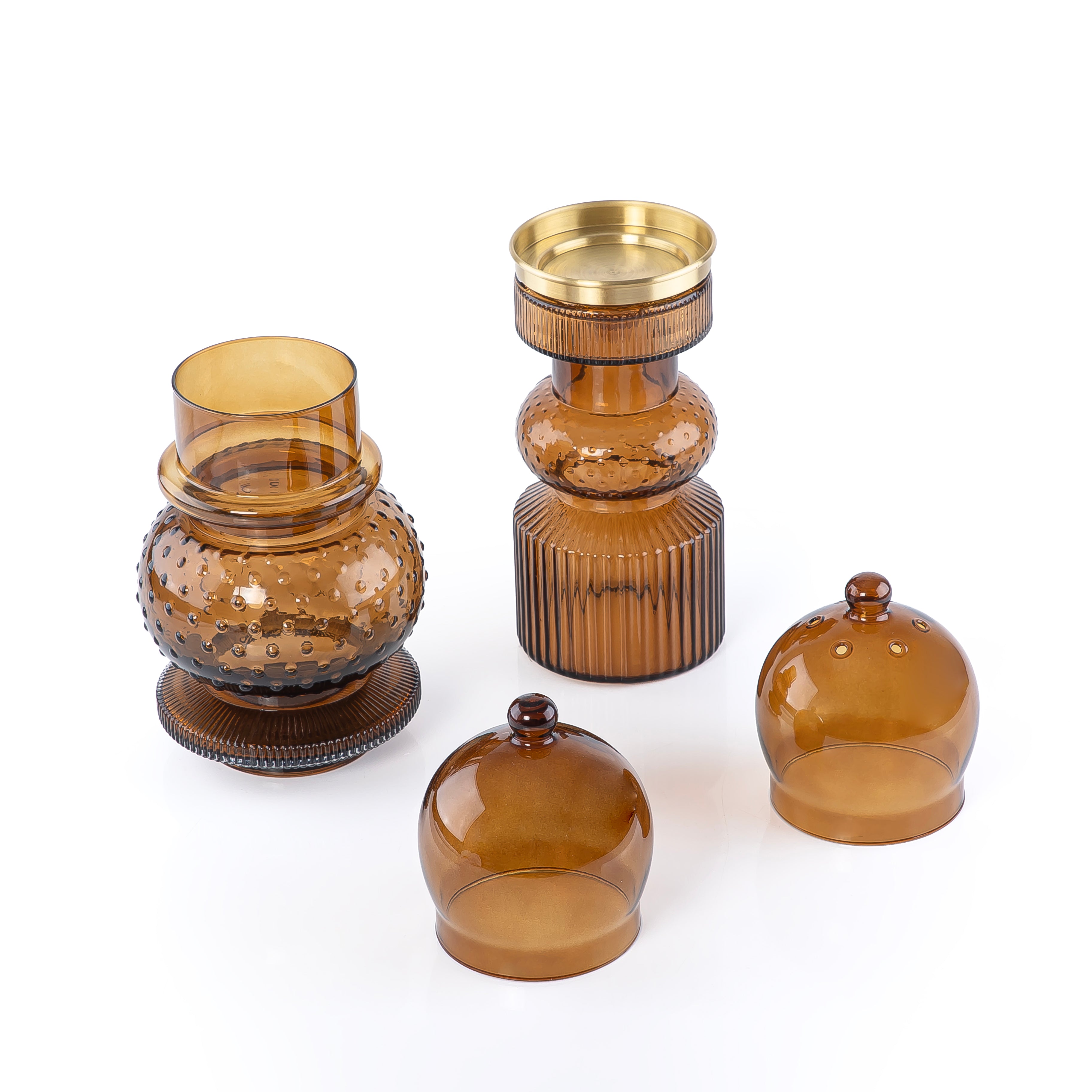 2 Pcs Small Mabkhar Set Glass Holder with Metal Burner & Dome – Brown