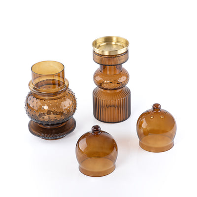 2 Pcs Small Mabkhar Set Glass Holder with Metal Burner & Dome – Brown