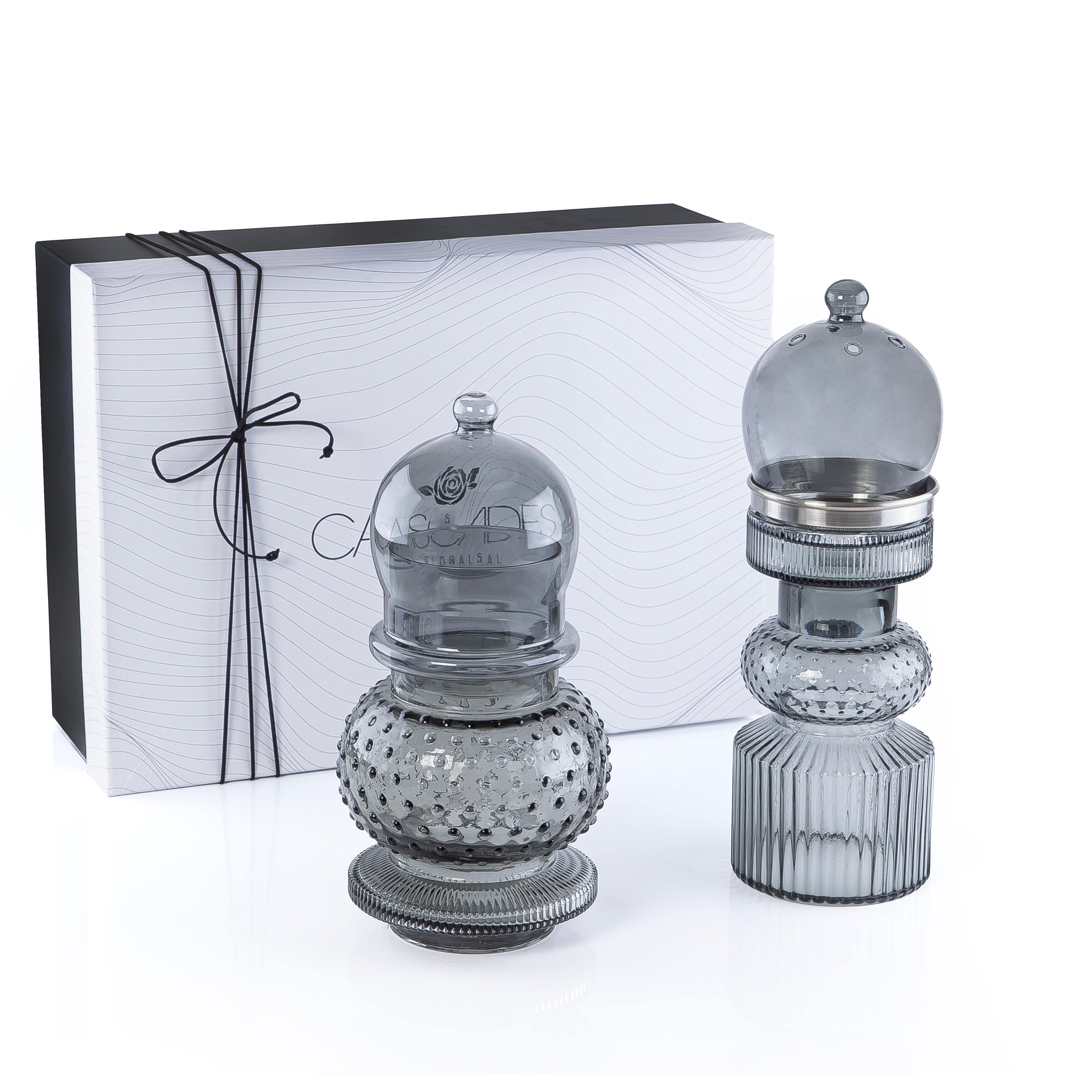 2 Pcs Small Mabkhar Set Glass Holder with Metal Burner & Dome – Grey