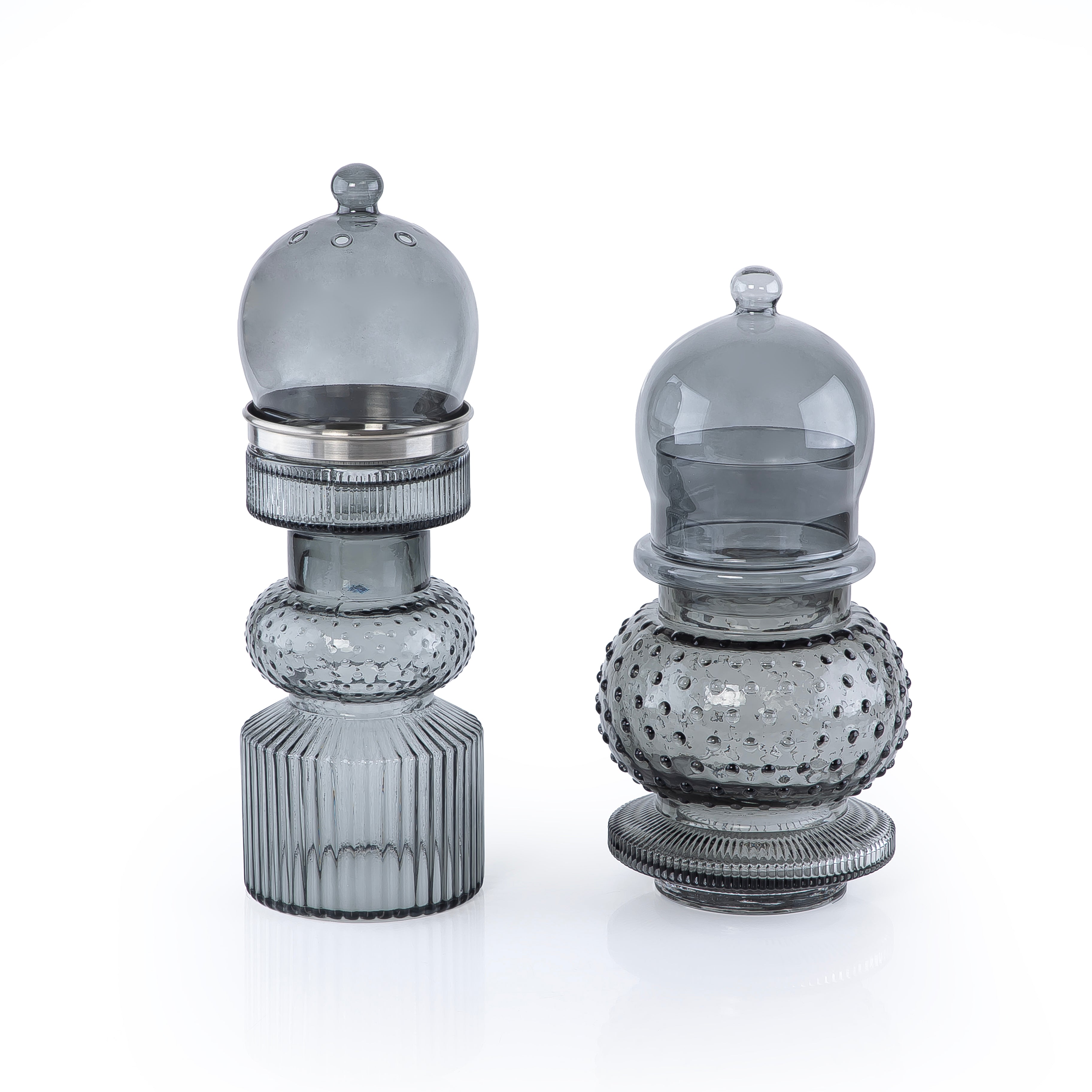 2 Pcs Small Mabkhar Set Glass Holder with Metal Burner & Dome – Grey
