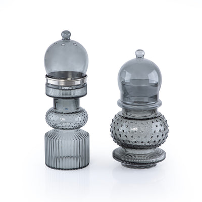 2 Pcs Small Mabkhar Set Glass Holder with Metal Burner & Dome – Grey