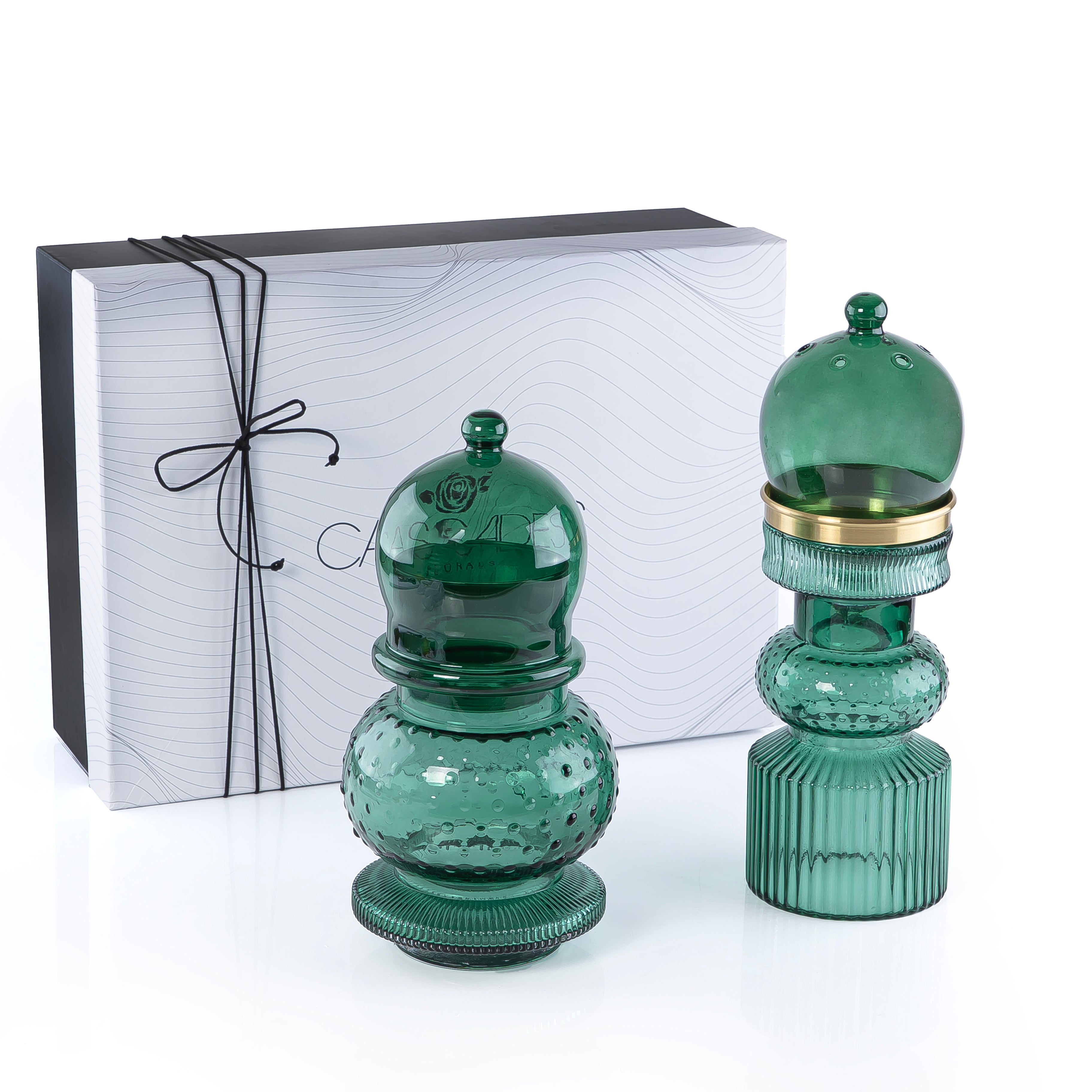 2 Pcs Small Mabkhar Set Glass Holder with Metal Burner & Dome – Green