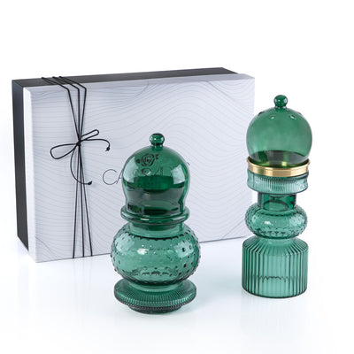 2 Pcs Small Mabkhar Set Glass Holder with Metal Burner & Dome – Green