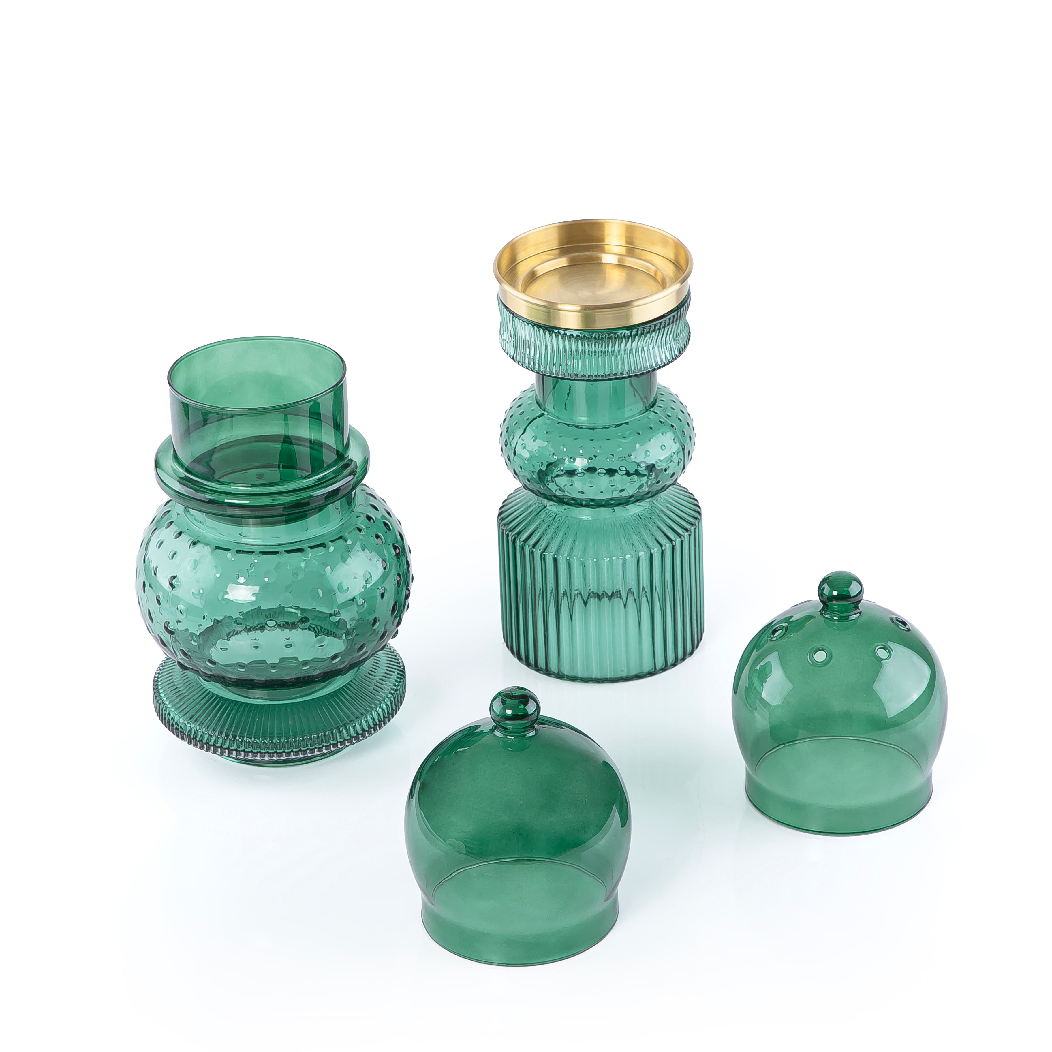2 Pcs Small Mabkhar Set Glass Holder with Metal Burner & Dome – Green