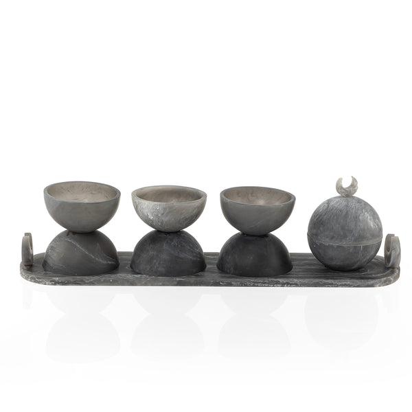 Set of 4 grey serving bowls set on tray with gift box