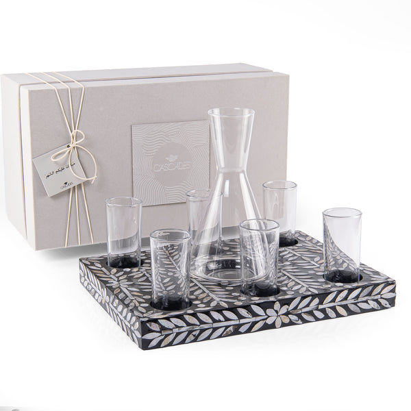 Set of Black Rectangular Tray with Jar and 6 Glasses with gift box