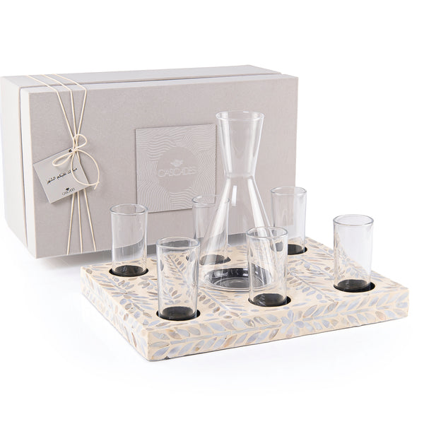 Set of Off-White Rectangular Tray with Jar and 6 Glasses with gift box