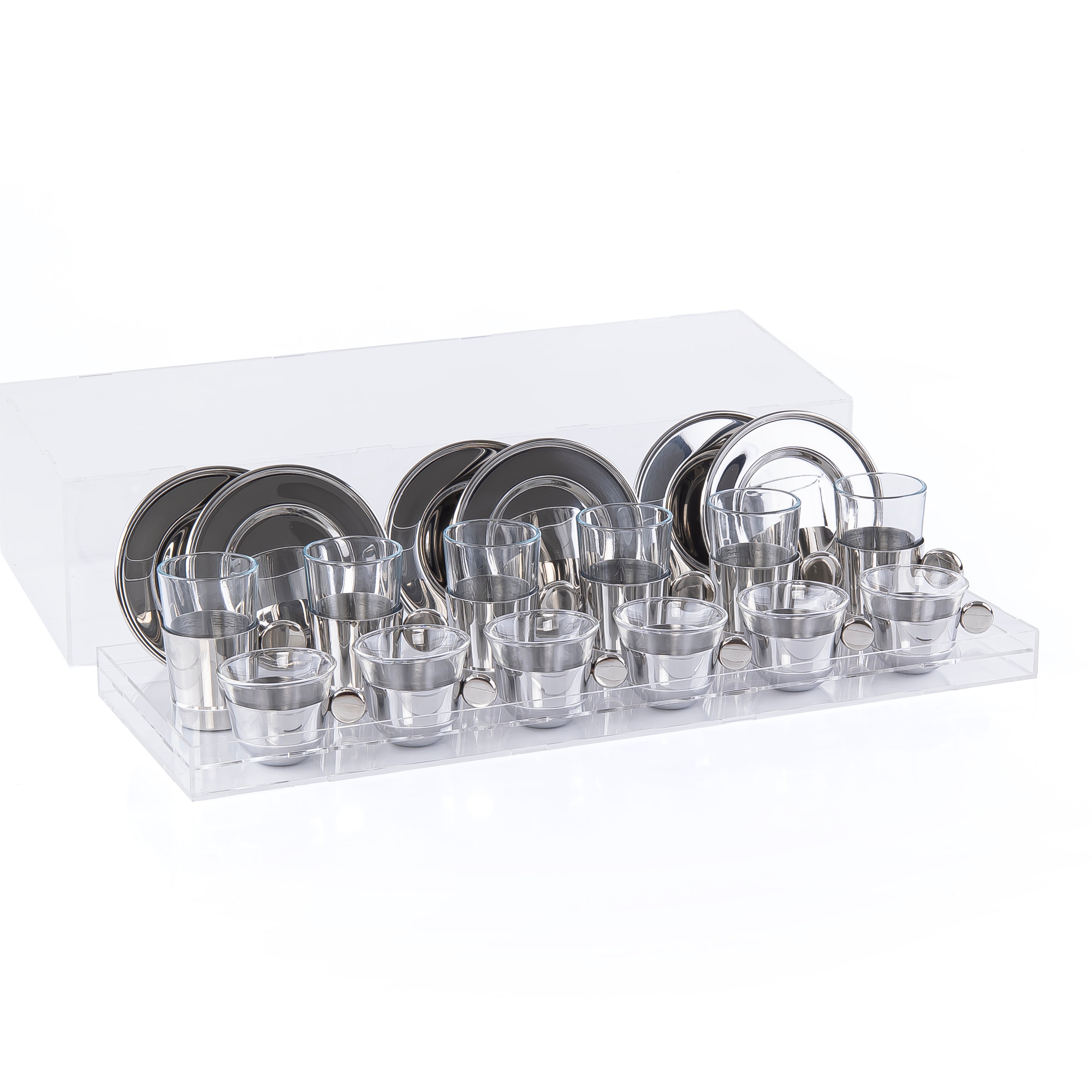 Set of 6 Coffee Cups & 6 Tea Cups and 6 Plates with Acrylic Box - Silver