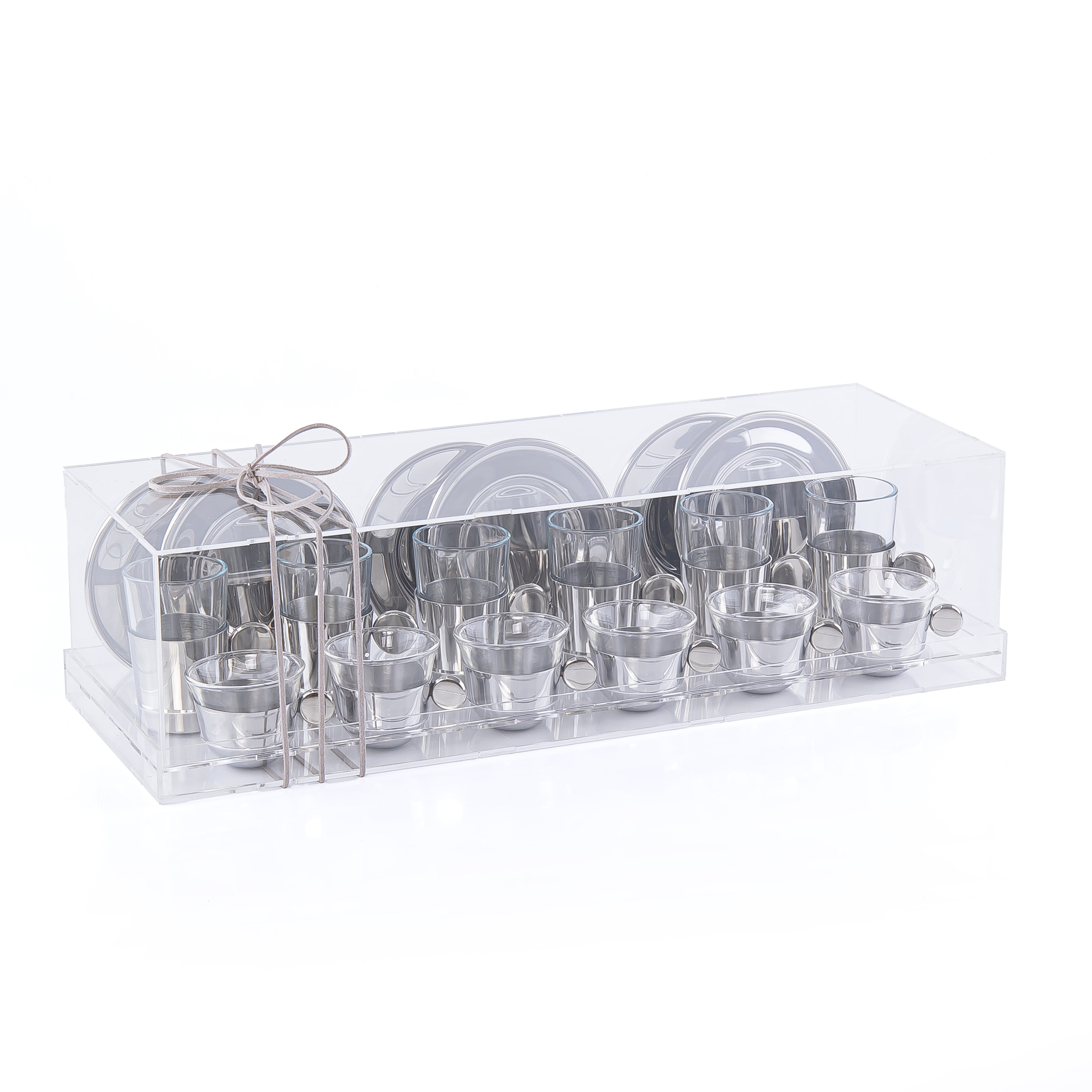 Set of 6 Coffee Cups & 6 Tea Cups and 6 Plates with Acrylic Box - Silver
