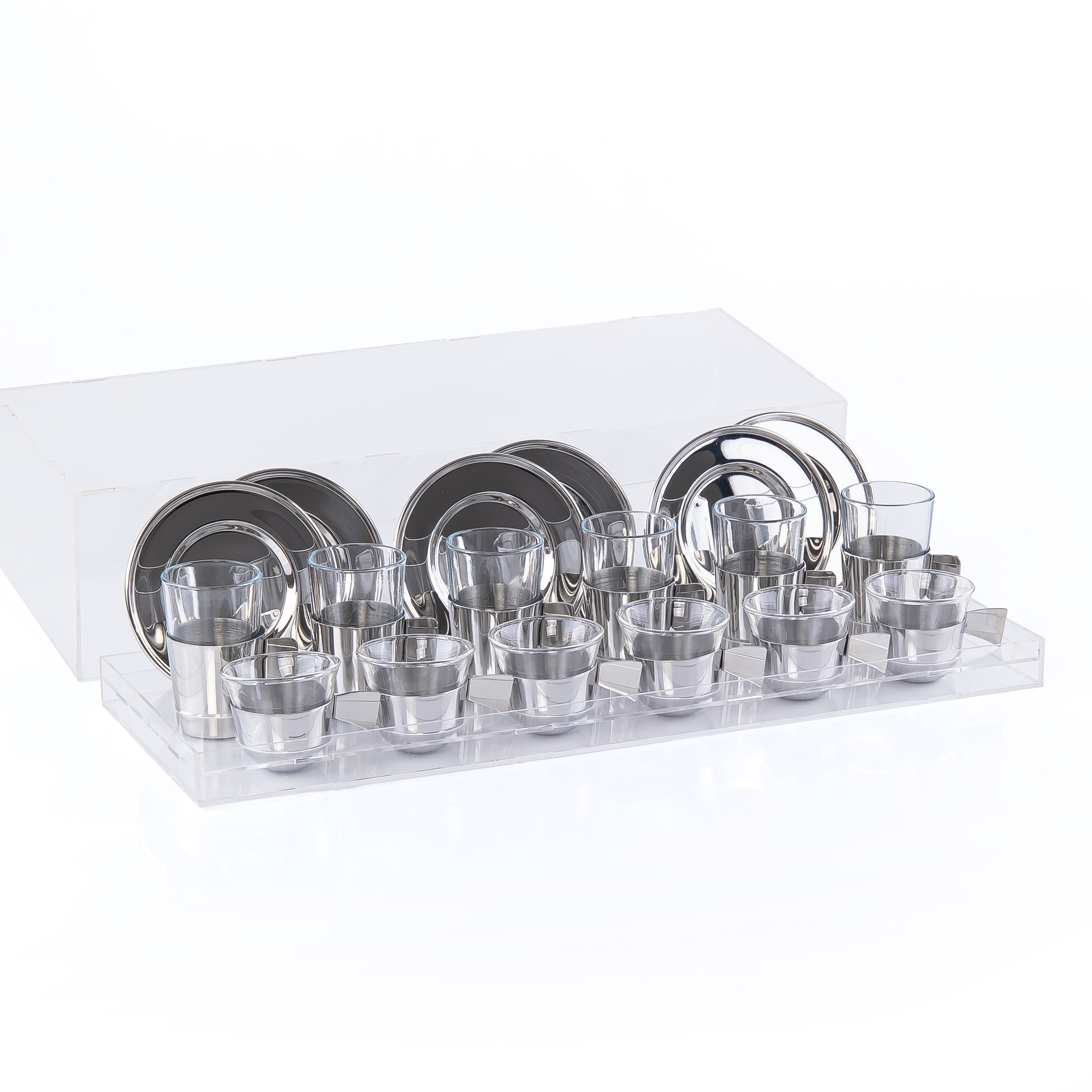 Set of 6 Coffee Cups & 6 Tea Cups and 6 Plates with Acrylic Box - Silver